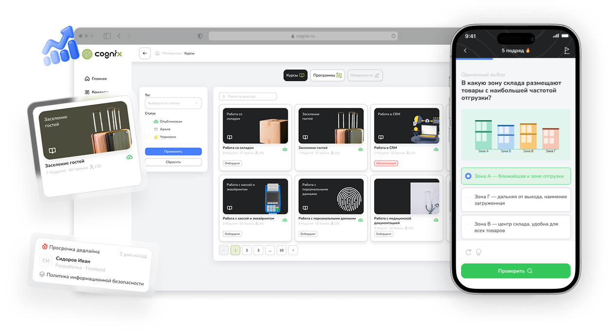 Интерфейс платформы Cogmax LMS — веб-кабинет и мобильное приложение